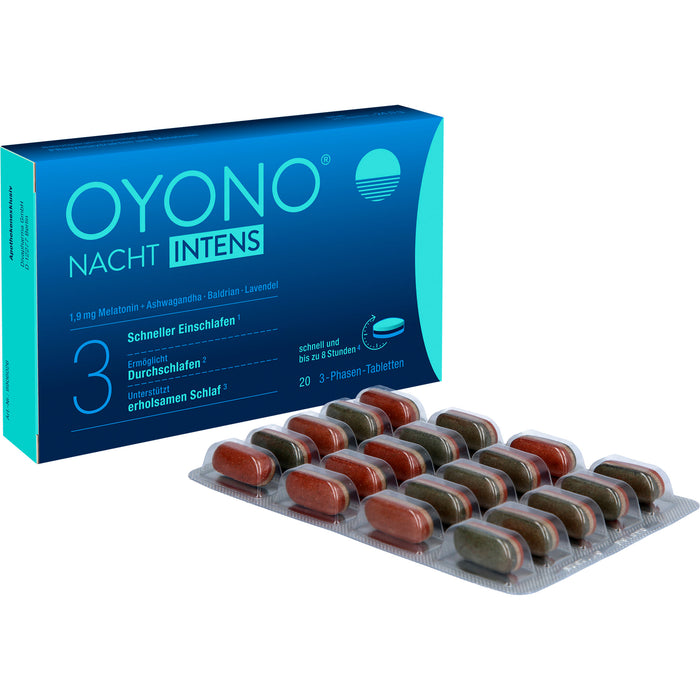OYONO Nacht Intens 3-Phasen-Tabletten mit 1,9 mg Melatonin, Ashwagandha, Baldrian und Lavendel, 20 pc Tablettes