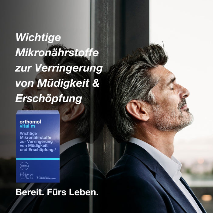 Orthomol Vital m für Männer - bei Müdigkeit - mit B-Vitaminen und Omega-3-Fettsäuren - Orangen-Geschmack - Granulat/Tabletten/Kapseln, 7 pcs. Daily portions