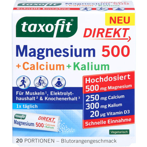 Taxofit Magnesium 500 + Calcium + Kalium Direktgranulat mit Blutorangengeschmack, 20 St. Beutel