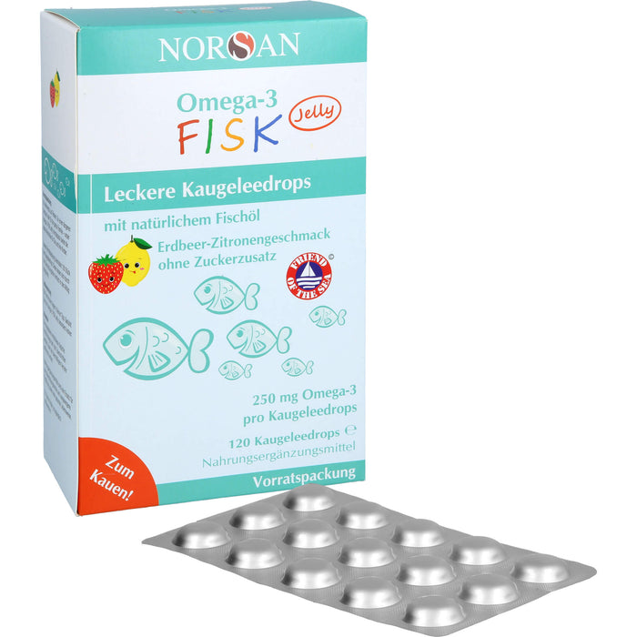 NORSAN Omega-3 FISK Jelly - für Kinder leckere Kaugeleedrops mit Erdbeer-Zitronengeschmack, 120 pc Bonbons de gomme