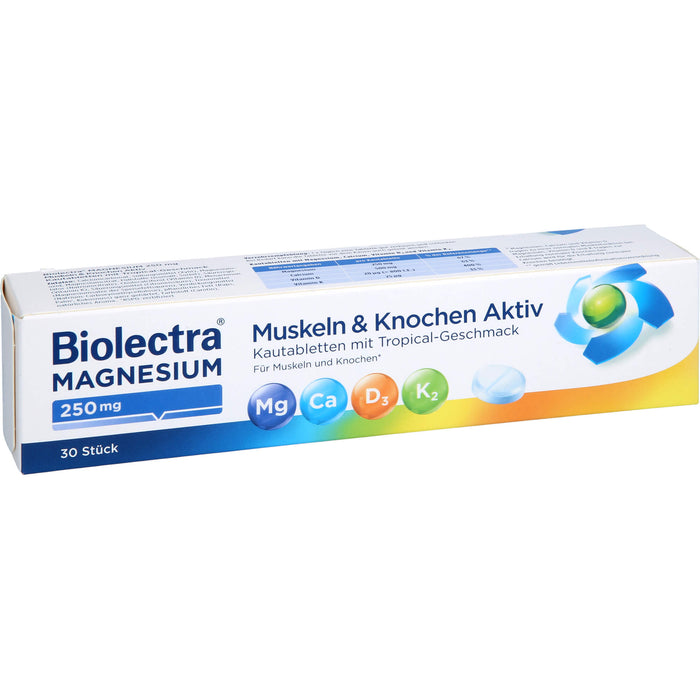 Biolectra Magnesium 250 mg Muskeln & Knochen Aktiv Kautabletten mit Tropical-Geschmack, 30 pc 