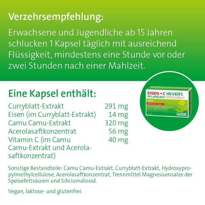 Eisen + C Hevert pflanzlich mit natürlichem Eisen und Vitamin C, 60 pc Capsules