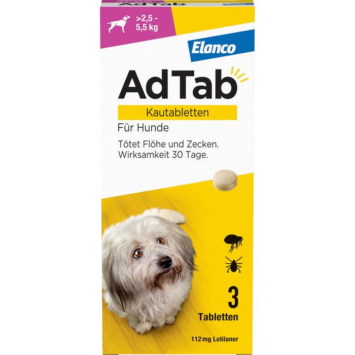 AdTab Kautabletten für Hunde über 2,5 bis 5,5 kg gegen Zecken und Flöhe, 3 St. Tabletten