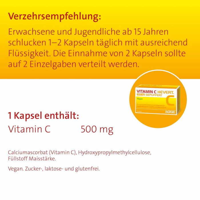 Vitamin C Hevert 500 mg gepuffert als magenfreundliches Multi-Talent für die Gesundheit, 60 St. Kapseln