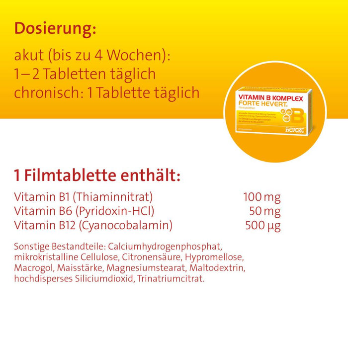 Vitamin B Komplex forte Hevert zur Therapie nachgewiesener Mangelzustände der Vitamine B1, B6 und B12, 60 pcs. Tablets