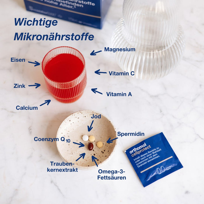 Orthomol Cellprotect - für das Wohlbefinden bis ins hohe Alter - mit Spermidin, Coenzym Q10 und Polyphenole - Granulat/Tabletten/Kapsel, 30 g Tagesportionen