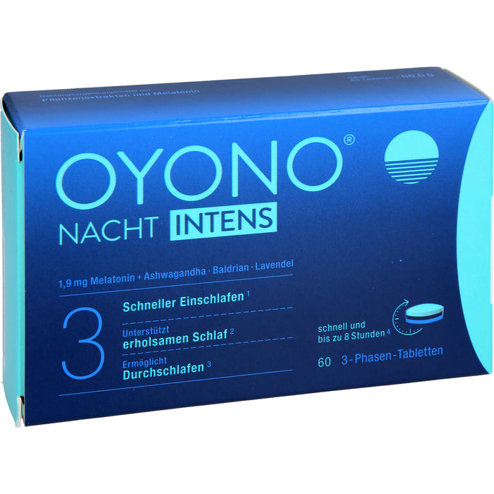 OYONO Nacht Intens 3-Phasen-Tabletten mit 1,9 mg Melatonin, Ashwagandha, Baldrian und Lavendel, 60 pcs. Tablets