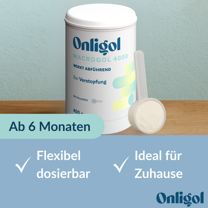 Onligol Macrogol 4000 - Sanfte, effektive Hilfe bei Verstopfung und Obstipation - mit Macrogol 4000 - ohne Zusatzstoffe & Zucker, 400 g Powder