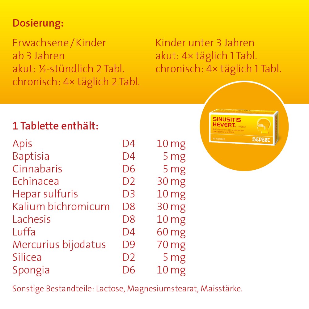 Sinusitis Hevert bei Schnupfen und Entzündungen der Nasennebenhöhlen, 40 St. Tabletten