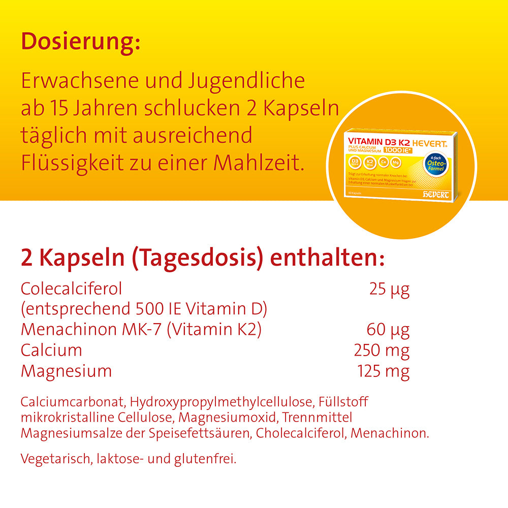 Vitamin D3 K2 Hevert plus Calcium und Magnesium 1000 IE, 60 St. Kapseln Hevert-Testen