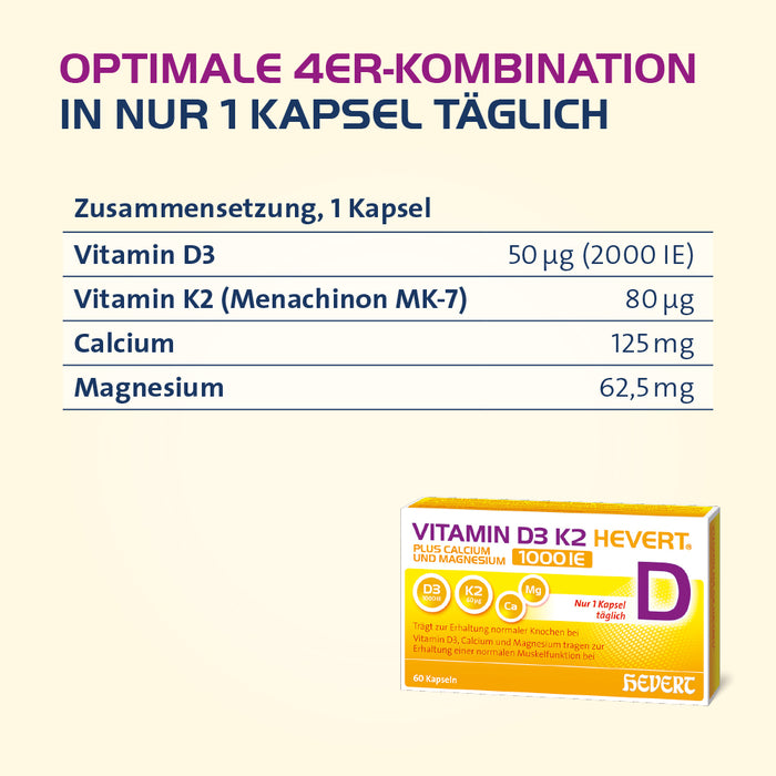 Vitamin D3 K2 Hevert plus Calcium und Magnesium 1.000 I.E., 60 St. Kapseln