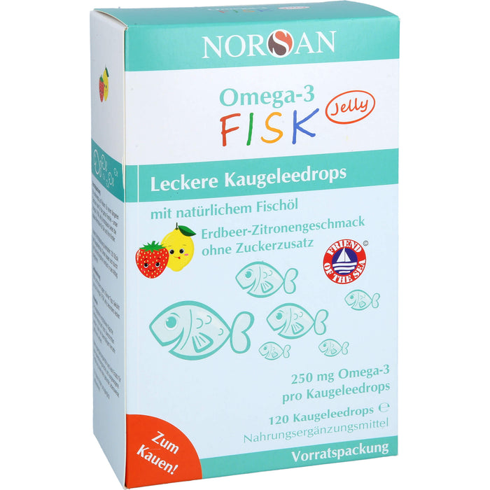 NORSAN Omega-3 FISK Jelly - für Kinder leckere Kaugeleedrops mit Erdbeer-Zitronengeschmack, 120 pc Bonbons de gomme