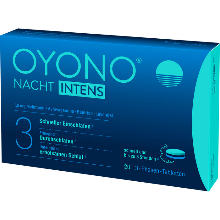 OYONO Nacht Intens 3-Phasen-Tabletten mit 1,9 mg Melatonin, Ashwagandha, Baldrian und Lavendel, 20 pc Tablettes