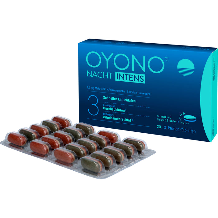 OYONO Nacht Intens 3-Phasen-Tabletten mit 1,9 mg Melatonin, Ashwagandha, Baldrian und Lavendel, 20 pcs. Tablets