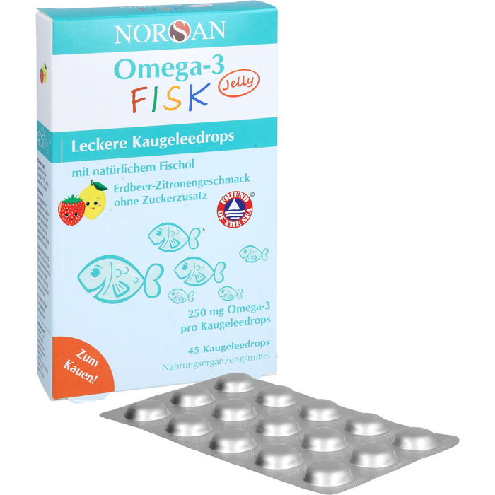 NORSAN Omega-3 FISK Jelly - für Kinder leckere Kaugeleedrops mit Erdbeer-Zitronengeschmack, 45 pcs. Gum drops