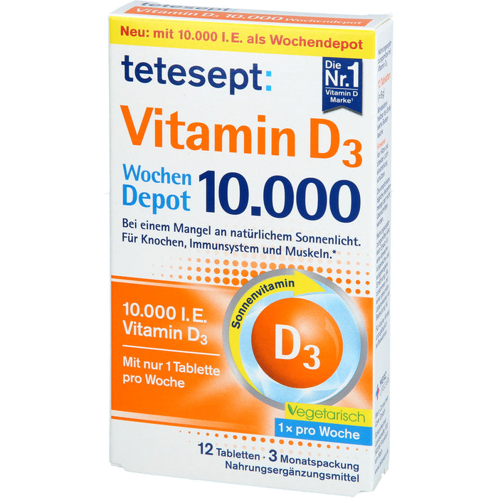 Tetesept Vitamin D3 10.000 I.E. Wochendepot Tabletten für Knochen, Immunsystem und Muskeln, 12 pcs. Tablets
