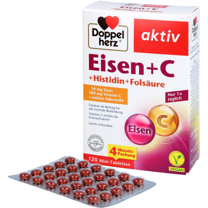 Doppelherz aktiv Eisen + C + Histidin + Folsäure Mini-Tabletten für die normale Blutbildung, 120 pc Tablettes