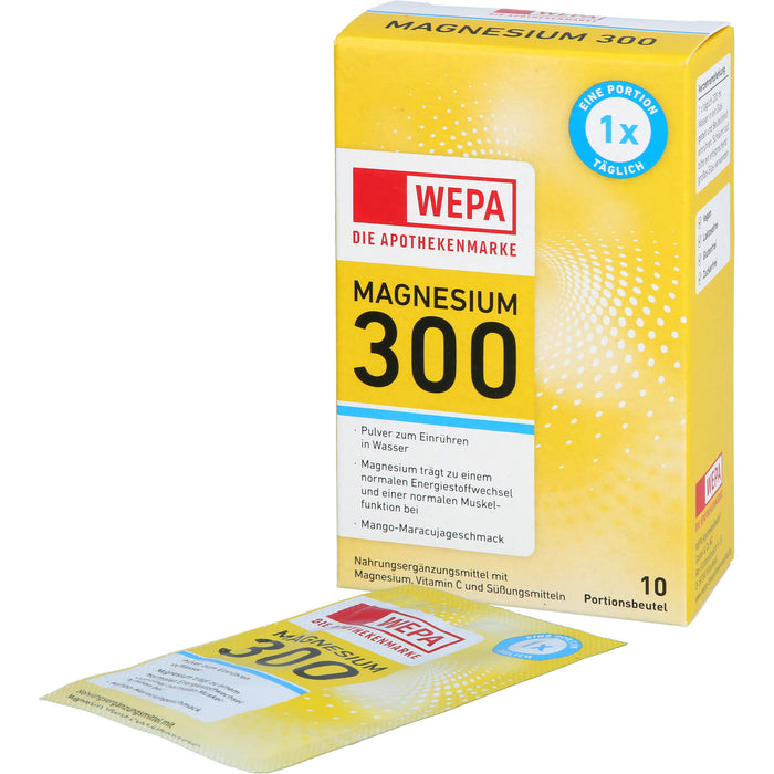 WEPA Magnesium 300 und Vitamin C Pulver zuckerfrei mit Mango-Maracujageschmack, 10 St. Beutel
