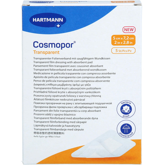 Cosmopor transparenter Folienverband mit saugfähigem Wundkissen 5 x 7,2 cm steril, 5 St. Verband