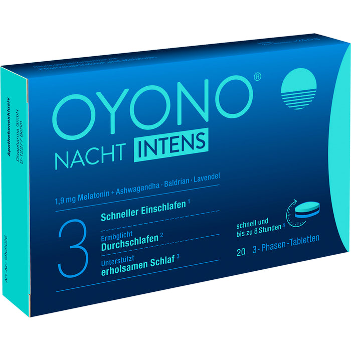 OYONO Nacht Intens 3-Phasen-Tabletten mit 1,9 mg Melatonin, Ashwagandha, Baldrian und Lavendel, 20 pc Tablettes