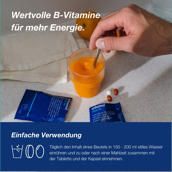 Orthomol Vital m für Männer - bei Müdigkeit - mit B-Vitaminen und Omega-3-Fettsäuren - Grapefruit-Geschmack - Granulat/Tabletten/Kapseln, 30 pcs. Daily portions