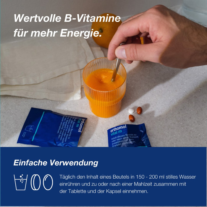 Orthomol Vital m für Männer - bei Müdigkeit - mit B-Vitaminen und Omega-3-Fettsäuren - Orangen-Geschmack - Granulat/Tabletten/Kapseln, 7 pcs. Daily portions