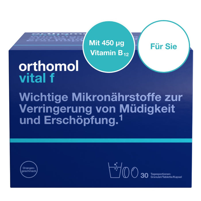 Orthomol Vital f für Frauen - bei Müdigkeit - mit B-Vitaminen, Omega-3-Fettsäuren und Magnesium - Orangen-Geschmack - Granulat/Tabletten/Kapseln, 30 pcs. Daily portions