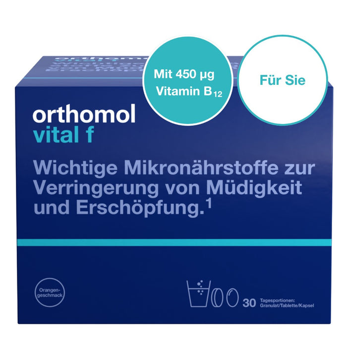 Orthomol Vital f für Frauen - bei Müdigkeit - mit B-Vitaminen, Omega-3-Fettsäuren und Magnesium - Orangen-Geschmack - Granulat/Tabletten/Kapseln, 30 pc Portions quotidiennes