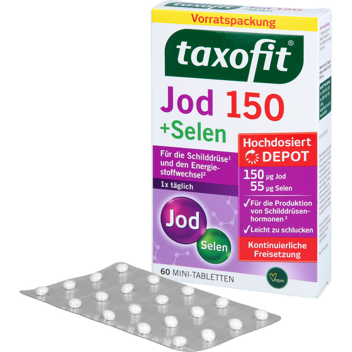 Taxofit Jod 150 + Selen Mini-Tabletten für die Schliddrüse und den Energiestoffwechsel, 60 pc Tablettes
