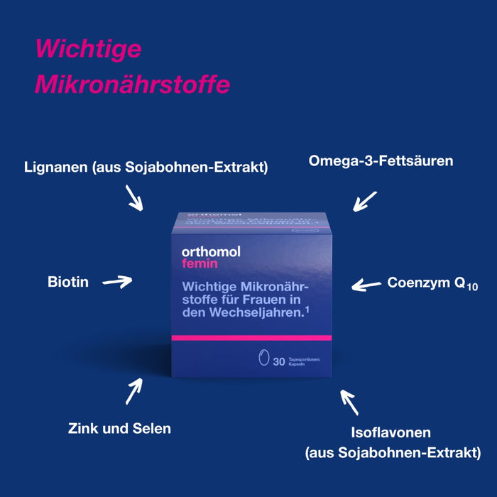 Orthomol Femin - Mikronährstoffe für Frauen in den Wechseljahren - mit Biotin, Selen, Zink, Nachtkerzenöl, Coenzym Q10, 30 St. Tagesportionen