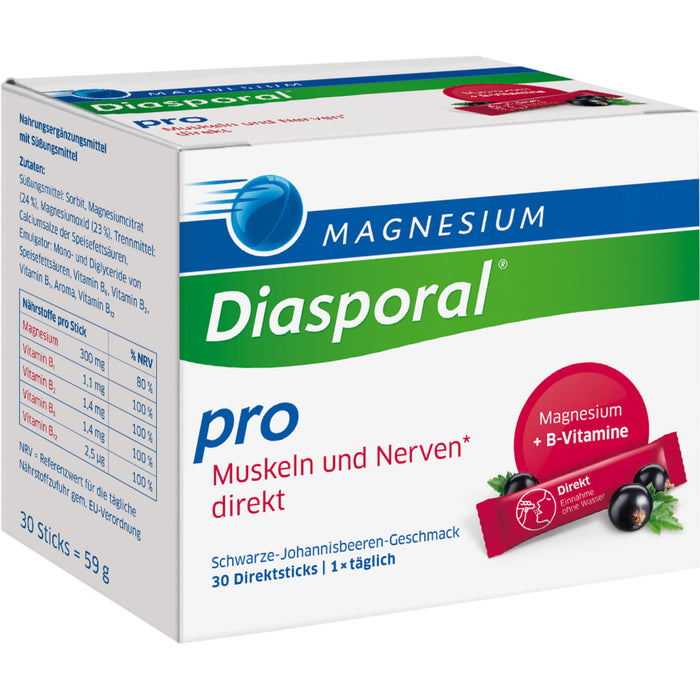 Magnesium-Diasporal Pro Muskeln und Nerven Direktsticks mit schwarzem-Johannisbeeren-Geschmack, 30 pcs. Sticks