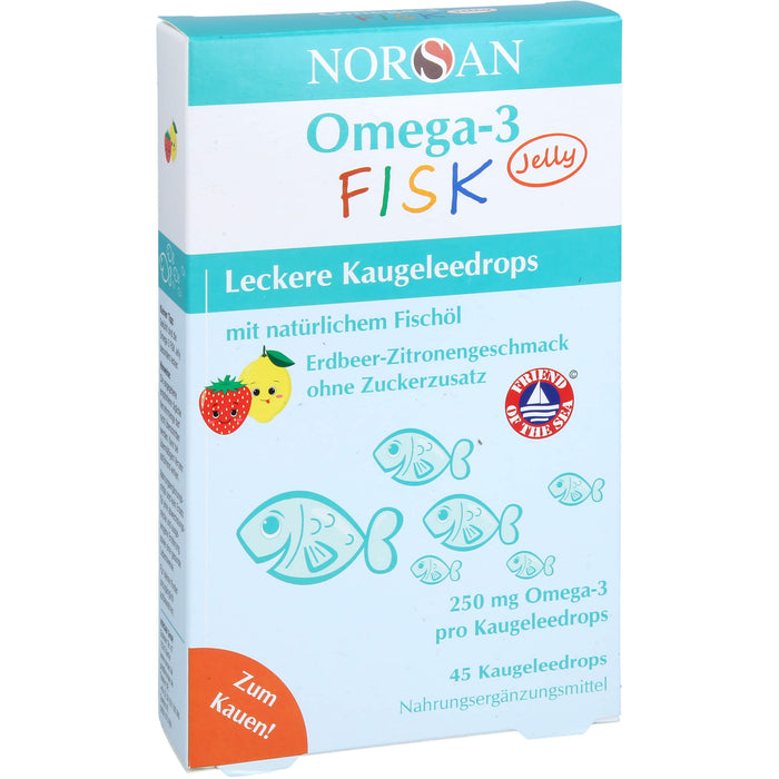 NORSAN Omega-3 FISK Jelly - für Kinder leckere Kaugeleedrops mit Erdbeer-Zitronengeschmack, 45 pc Bonbons de gomme