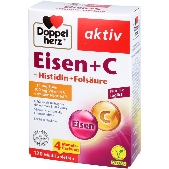 Doppelherz aktiv Eisen + C + Histidin + Folsäure Mini-Tabletten für die normale Blutbildung, 120 pc Tablettes