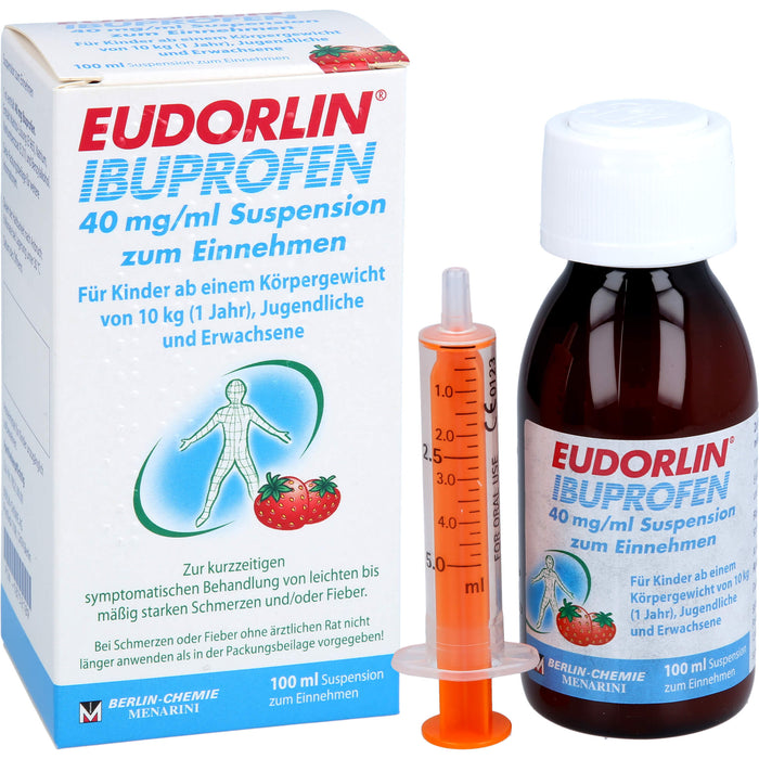 EUDORLIN Ibuprofen 40 mg/ml Suspension bei Schmerzen oder Fieber mit Erdbeergeschmack, 100 ml Lösung