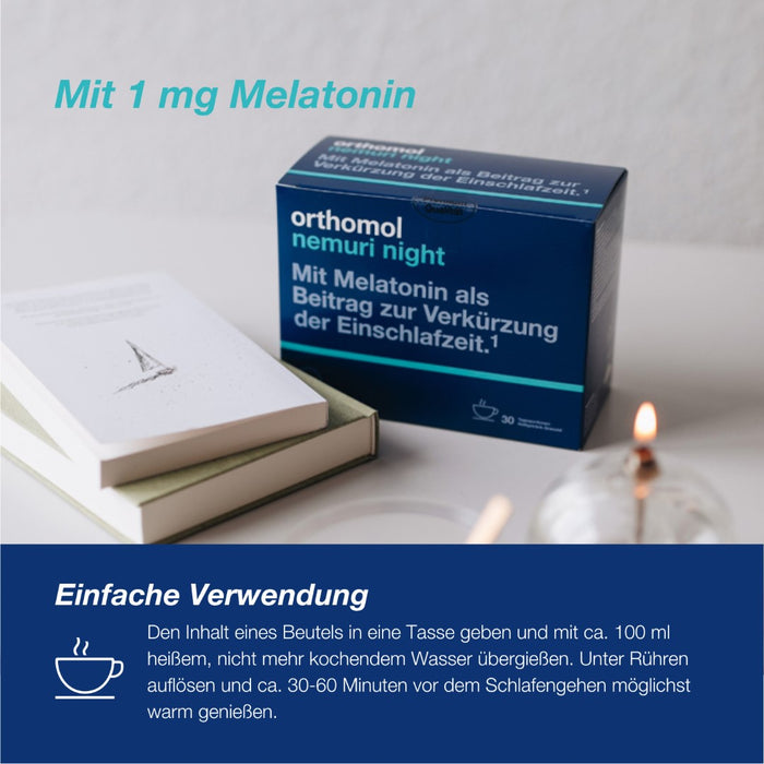 Orthomol Nemuri night - zur Verkürzung der Einschlafzeit - Heißgetränk mit Melatonin und Hopfen-Extrakt - Granulat, 15 St. Tagesportionen