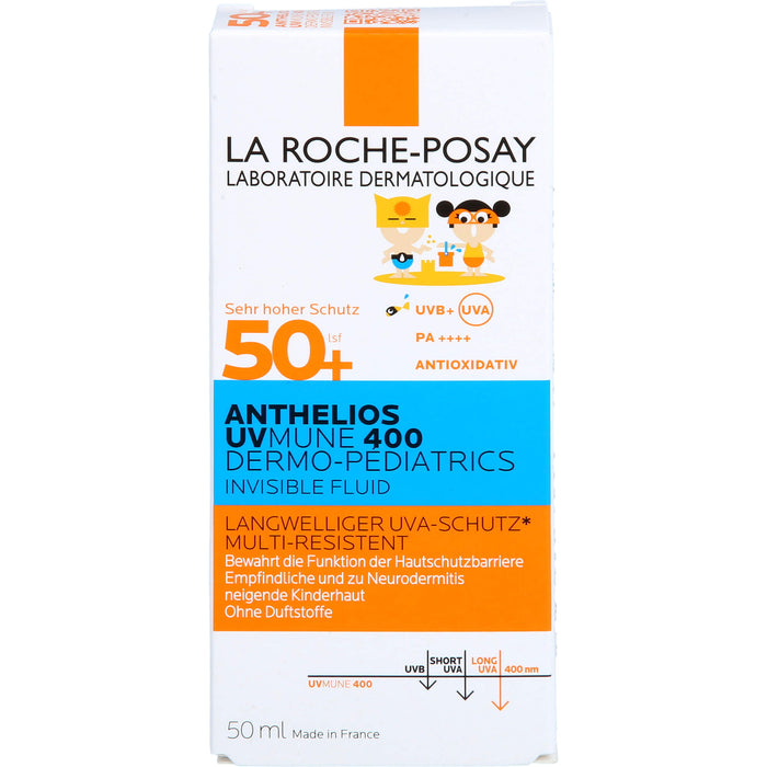 La Roche-Posay Anthelios UV MUNE 400 Dermo-Pediatrics Invisible Fluid LSF 50+ für die empfindliche, zu Neurodermitis neigende Kinderhaut, 50 ml Lösung