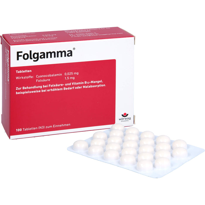 Folgamma Tabletten bei Folsäure- und Vitamin B12-Mangel, 100 pc Tablettes