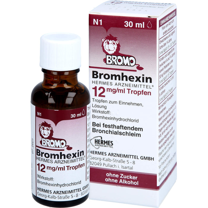 HERMES ARZNEIMITTEL Bromhexin 12 mg/ml Tropfen bei festhaftendem Bronchialschleim, 30 ml Lösung