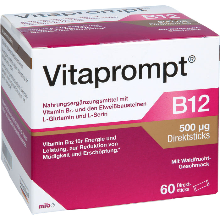 Vitaprompt B12 500 μg Direktsticks mit Waldfrucht-Geschmack zur Reduktion von Müdigkeit und Erschöpfung, 60 pcs. Sticks