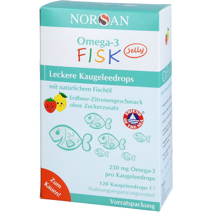 NORSAN Omega-3 FISK Jelly - für Kinder leckere Kaugeleedrops mit Erdbeer-Zitronengeschmack, 120 pc Bonbons de gomme