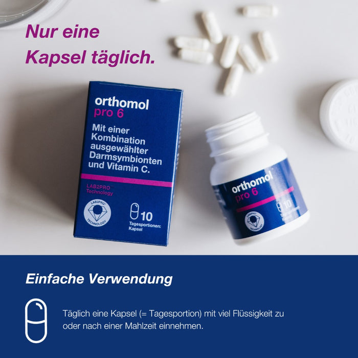Orthomol Pro 6 Kapseln - mit einer Kombination ausgewählter Darmsymbionten und Vitamin C, 10 St. Tagesportionen