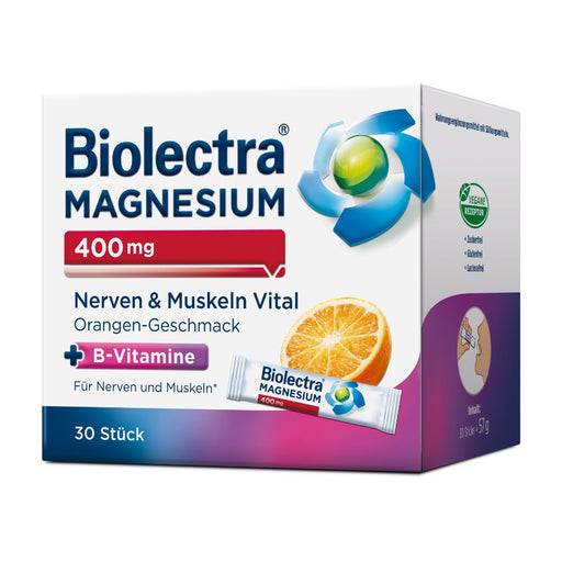 Biolectra Magnesium 400 mg Nerven & Muskeln Vital Direktstick mit Orangen-Geschmack, 30 St. Beutel