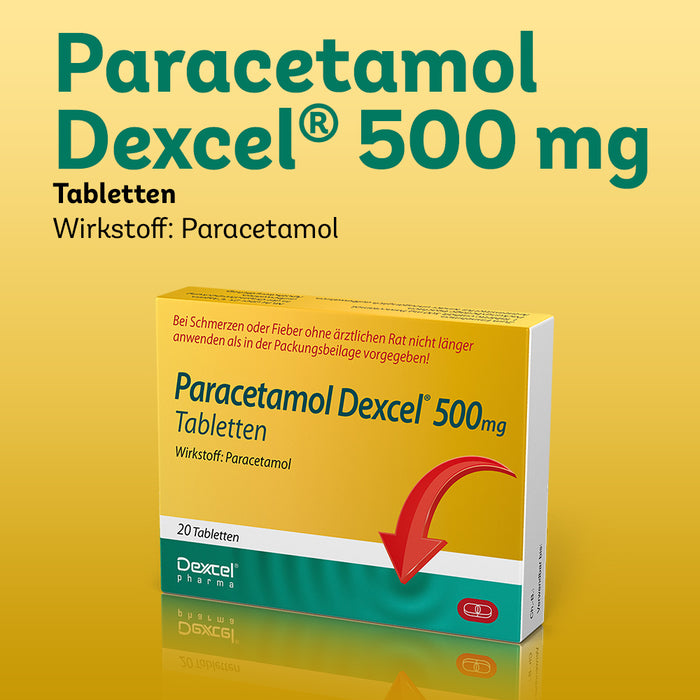 Paracetamol Dexcel 500 mg Tabletten bei Schmerzen und Fieber, 20 pcs. Tablets