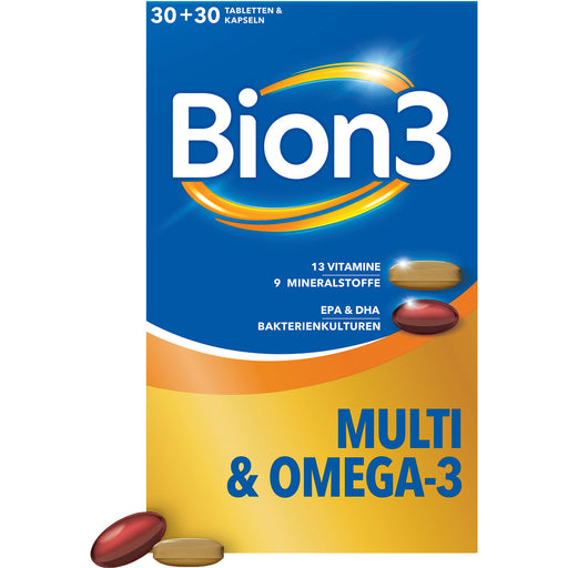 Bion3 Multi & Omega-3 Tabletten und Kapseln mit Bakterienkulturen zur Unterstützung von Herz, Gehirn und Sehkraft, 30 St. Tagesportionen