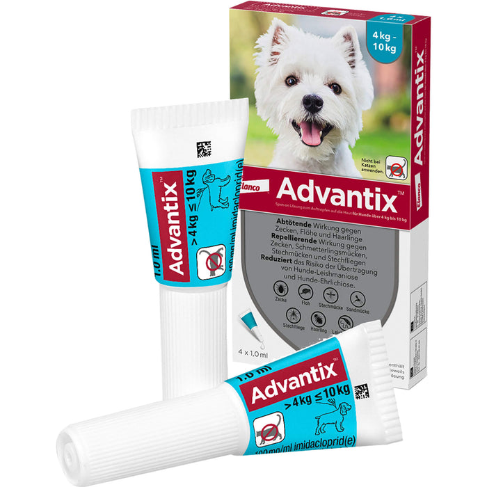 Advantix Spot-On 100 für kleine Hunde von 4 bis 10 kg Körpergewicht gegen Zecken, Flöhe und fliegende Insekten, 4 pcs. Single dose containers
