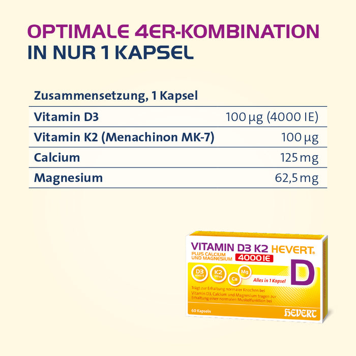 Vitamin D3 K2 Hevert  plus Calcium und Magnesium 4000 IE, 60 St., 60 St. Kapseln