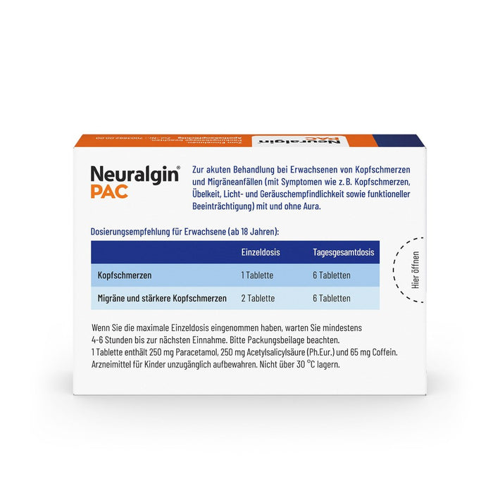Neuralgin PAC  3-fach Wirkstoffkombination für schnelle Linderung bei Kopfschmerzen und Migräne, 20 St. Tabletten