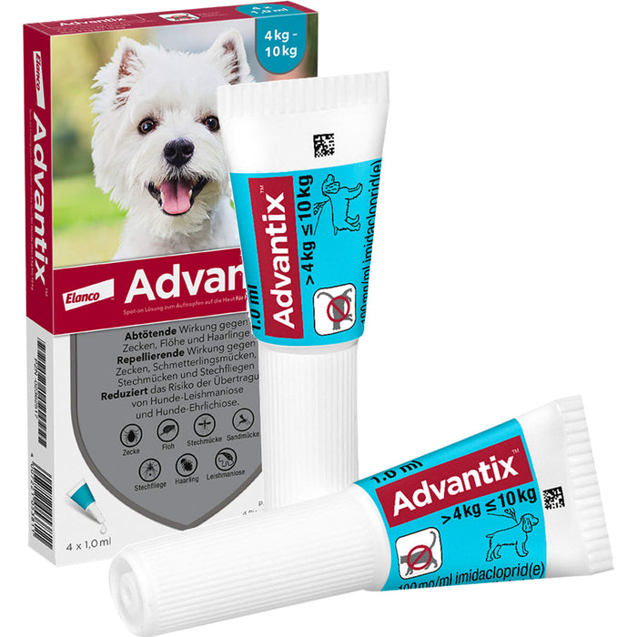 Advantix Spot-On 100 für kleine Hunde von 4 bis 10 kg Körpergewicht gegen Zecken, Flöhe und fliegende Insekten, 4 pcs. Single dose containers
