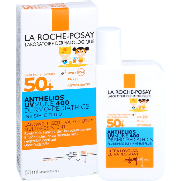 La Roche-Posay Anthelios UV MUNE 400 Dermo-Pediatrics Invisible Fluid LSF 50+ für die empfindliche, zu Neurodermitis neigende Kinderhaut, 50 ml Solution