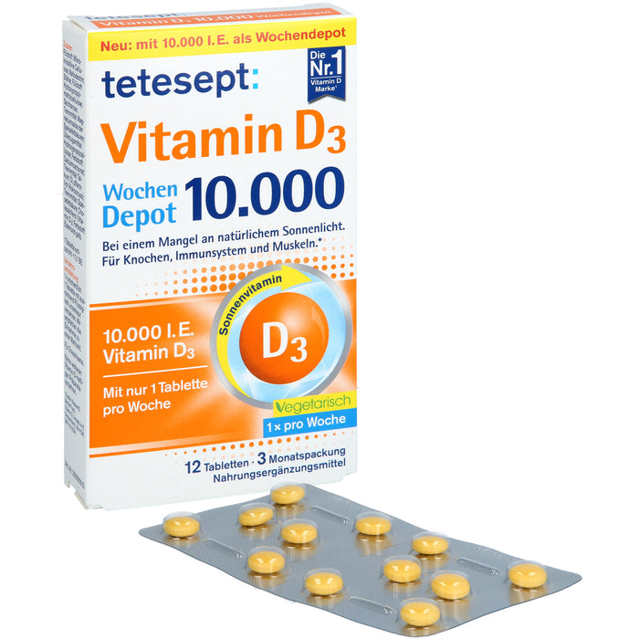 Tetesept Vitamin D3 10.000 I.E. Wochendepot Tabletten für Knochen, Immunsystem und Muskeln, 12 St. Tabletten